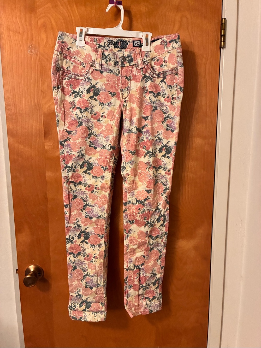 Miss Me Pink and Cream Floral Cargo Jeans 30x29
